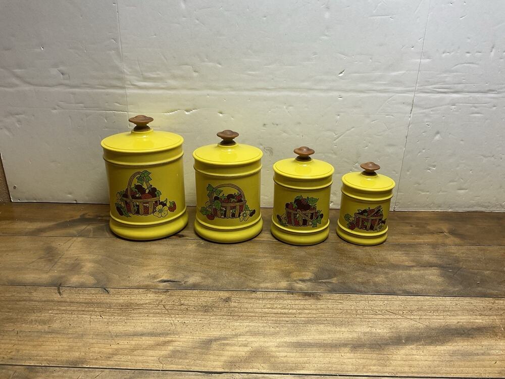 Vtg 70s Kromex Yellow Fruit Basket Aluminum Kitchen Canister Set